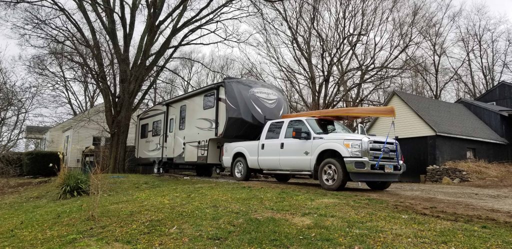 Brad Saum full time RV camping in his fifth wheel travel trailer in Lexington, KY.