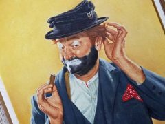 An oil painting on canvas of Red Skelton in character as Freddie the Freeloader by Fred Williams.