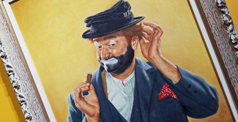 An oil painting on canvas of Red Skelton in character as Freddie the Freeloader by Fred Williams.