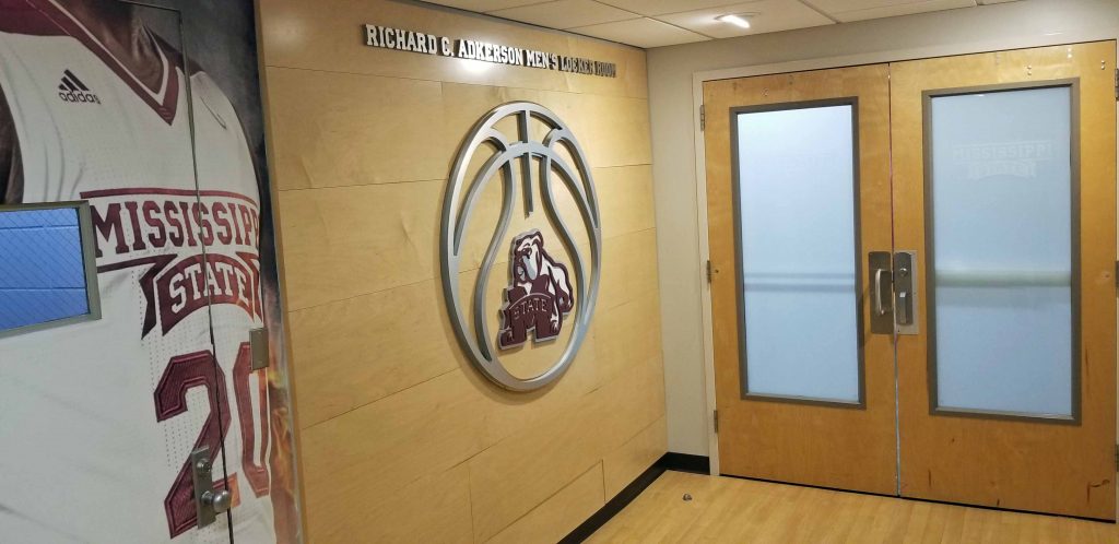 Mississippi State men's basketball locker room in Humphrey Coliseum.