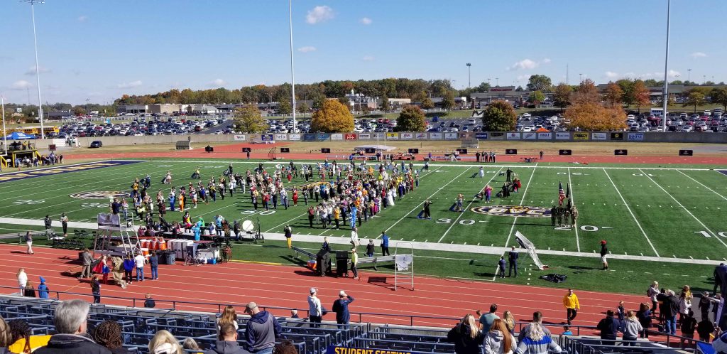 The Murray State Racer Marching Band all wearing Halloween costumes for the October half-time show.