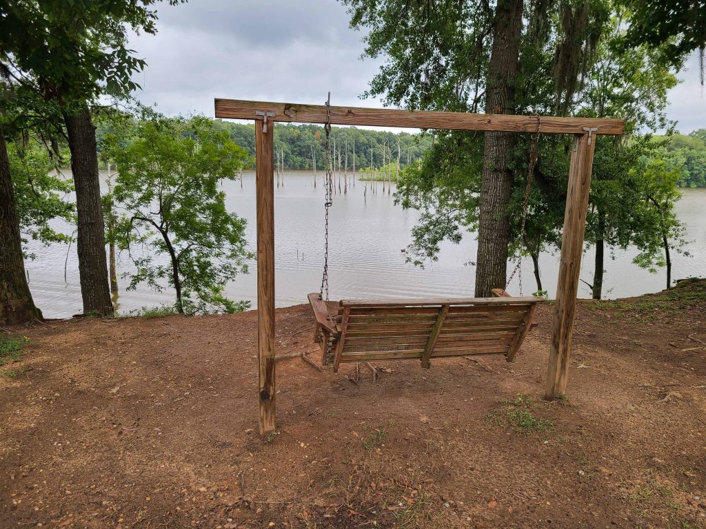 A swing set on the banks of the Alabama River at Jackson Lake Island