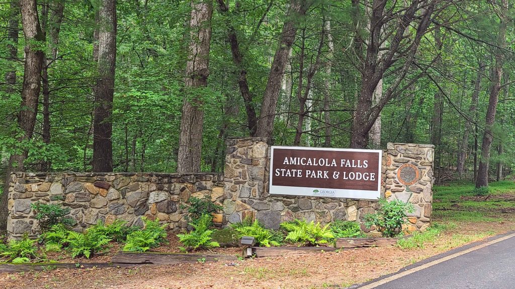 Amicalola Falls State Park entrance sign where the Appalachian Trail begins.
