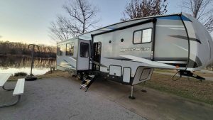 Brad Saum fifth wheel RV backed up to the Tombigbee River at the Foscue Creek Campground.