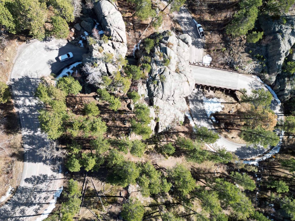 Aerial view of Iron Mountain Road and the pigtail turns, bridge and tunnel.