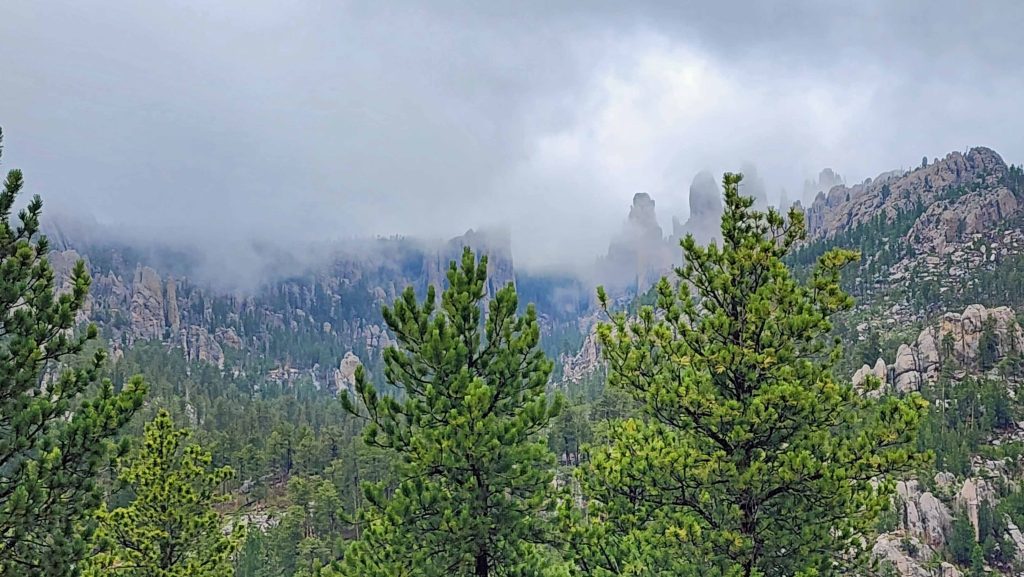 Fog settles in around the scenic Cathedral Spires on the Needles Highway in Custer State Park.