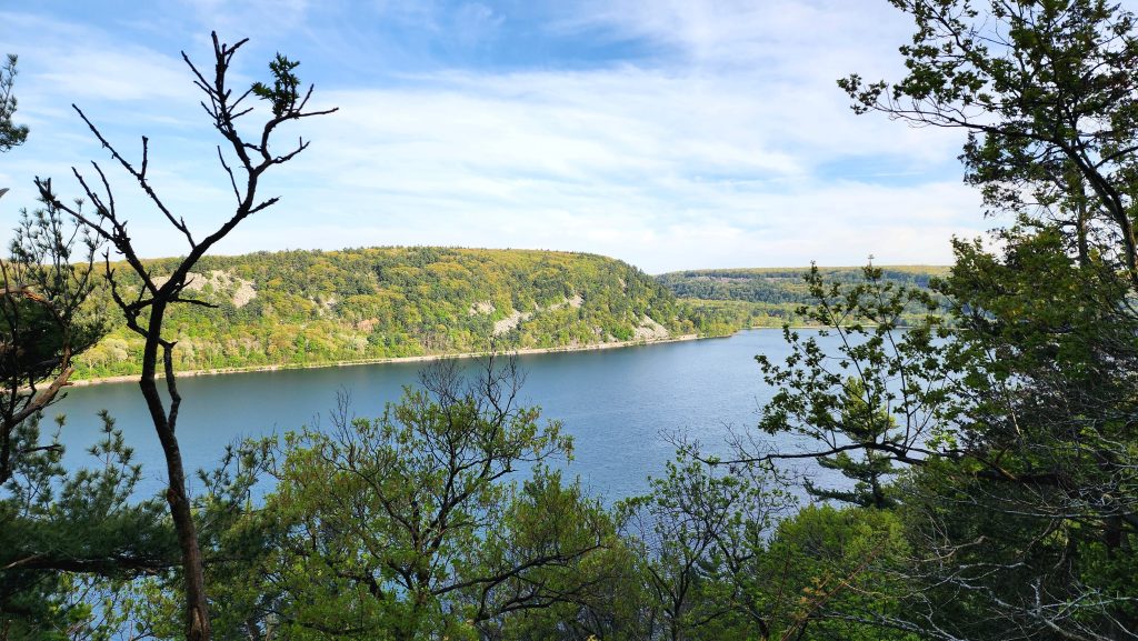 View of Devil's Lake from high hill at Devil's Lake State Park in Wisconsin.