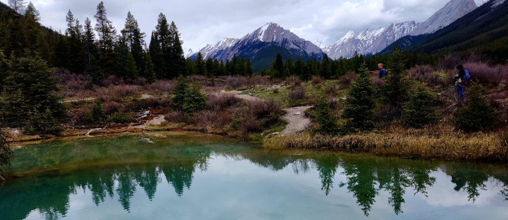 Ink Pots natural spring pools on Johnston Canyon Trail withe mountains in the background